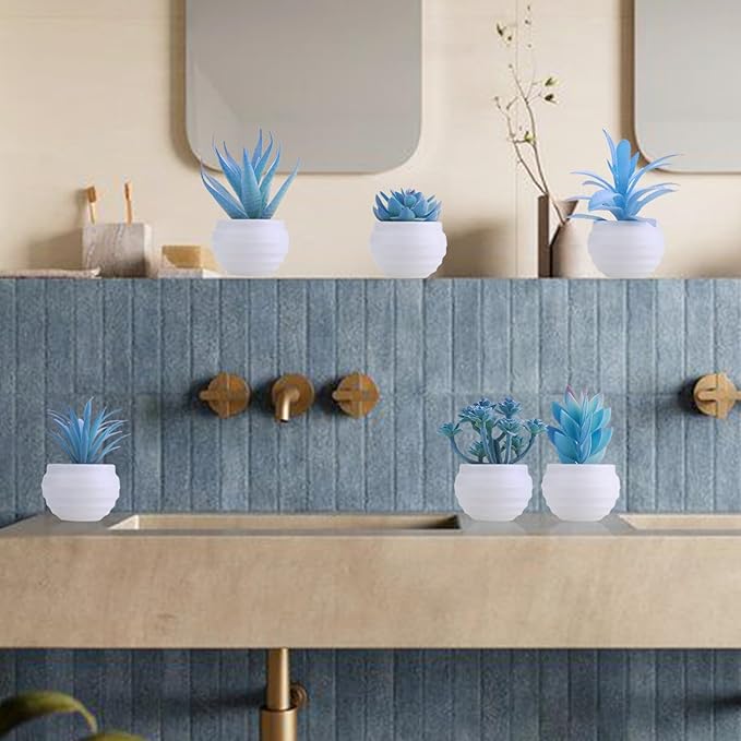 GREENTIME 6 Pcs Blue Mini Artificial Succulents in Plastic Pots Small Fake Plant Succulent Plant Graduation & Father Party Decorations Classmate Gift Faux Indoor Decor Bedroom Desk Bathroom Shelf
