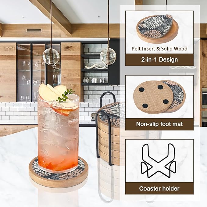 Wood Coasters Set of 6 with Holder, Cewiru Cup Mat for Drinks, Absorbent Coasters with Felt Insert for Coffee Table Protection, Modern Style Home Dining Table Decor, 4.3" Mix Brown