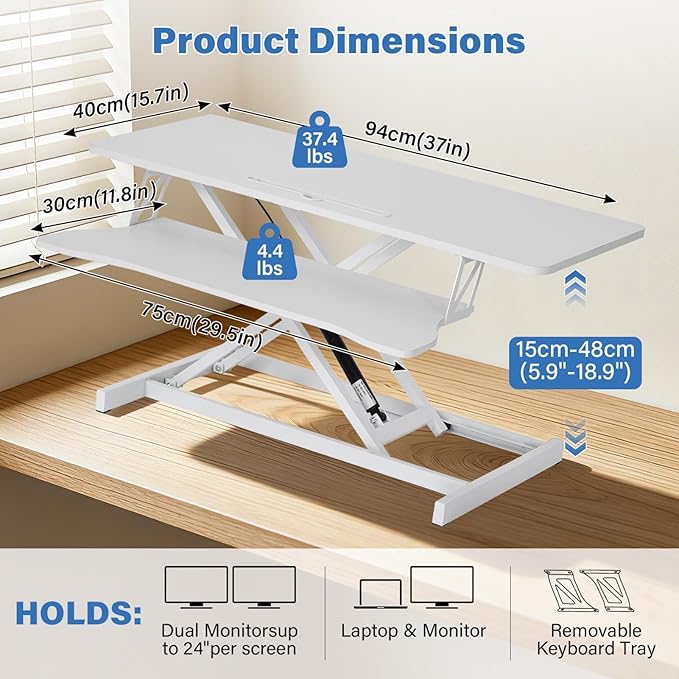 37" Height Adjustable Standing Desk Converter, Two Monitor Stable Stand up Desk Converter, 5.9"-18.8" Height Adjustable Laptop Workstation with Keyboard Tray, Desktop Riser for Home and Company