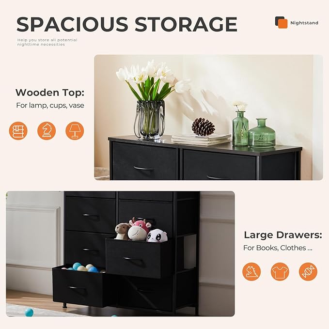 Sweetcrispy Dresser, Dresser for Bedroom Drawer Organizer Storage Drawers, Fabric Storage Tower with 8 Drawers, Chest of Drawers with Steel Frame, Wood Top for Living Room, Closet,Black