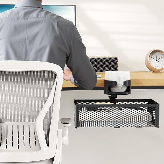 CABTE Desk Cup Holder with Drawer Organizer, Anti-Spill Clip-On Table Cup Hook with 360° Rotation Hidden Storage Box for Office Home Gaming Table (Black)