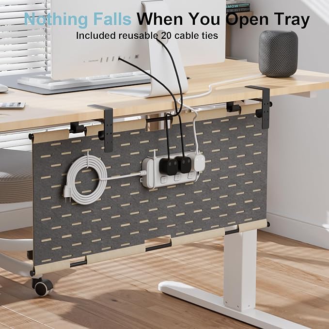No Drill Under Desk Cable Management Tray, 45.2" Felt Cord Organizer for Table, Clamp/Screw Mount Wire Management with Privacy Panel for Standing Desk & Home Office (Khaki/Gray)