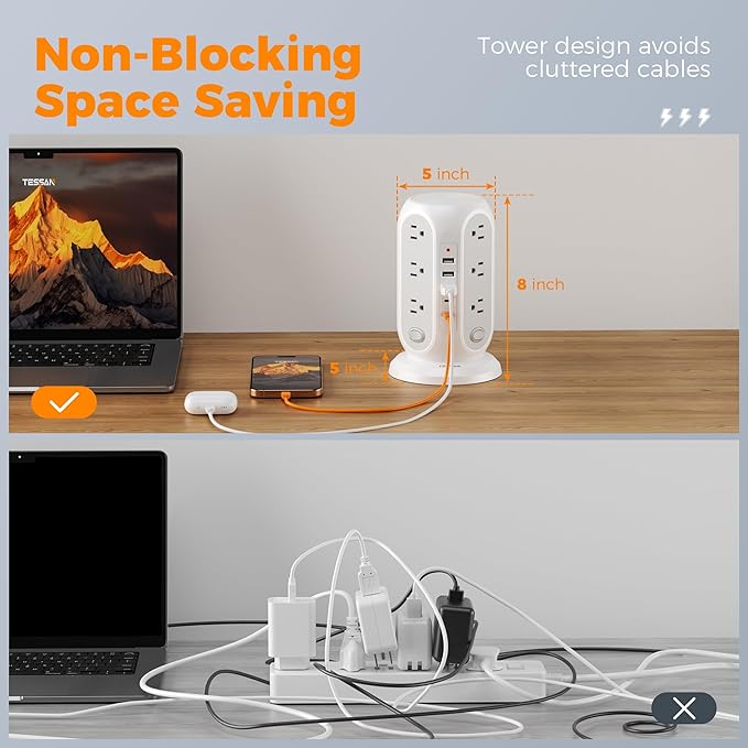 TESSAN Tower Power Strip with Individual Switches, 12 Outlets and 5 USB Ports(2 USB C), Flat Extension Cord 10 Ft, 1250W, Charging Station for Multiple Devices, Office, Dorm, Grey