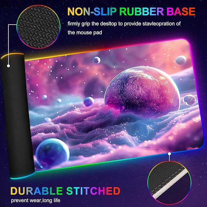 ARTSO Large RGB Gaming Mouse Pad, Led Big Mouse mat with 14 Light Modes, Extended Soft Computer Keyboard Mat Non-Slip Rubber Base, Colorful Purple Ball