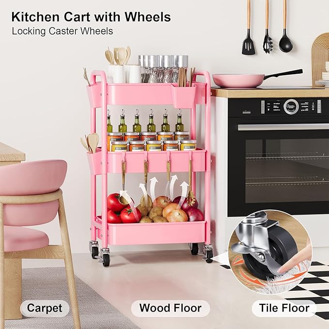 3 Tier Rolling Cart on Wheels, Metal Utility Storage Cart with Wheels, Three Tiered Craft Carts Organizer with Hanging Cups, Hooks, Mesh Basket for Bedside, Kitchen, Bathroom, Office, Art, Snack, Pink