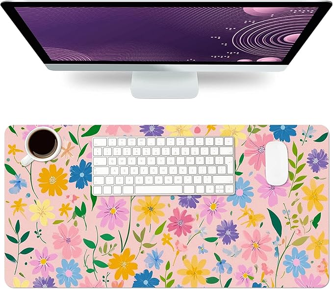 Desk Mat Large Mouse Pad, Non-Slip PU Leather Gaming Mousepad Keyboard Mouse Mats Desk Pads 23.6"x11.8" for Work Office Decor Gifts Pink Flowers