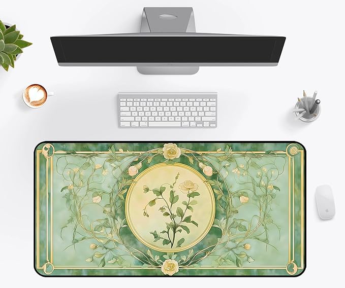 Rose Flower Desk Mat Green Desk Matt, Retro Flower Plant Mousepad, Large Extended Gaming Mouse Mat XXL, Big Laptop Keyboard Pad Mat, Women's Office Desk Decor, with Stitched Edges 31.5"X15.7"
