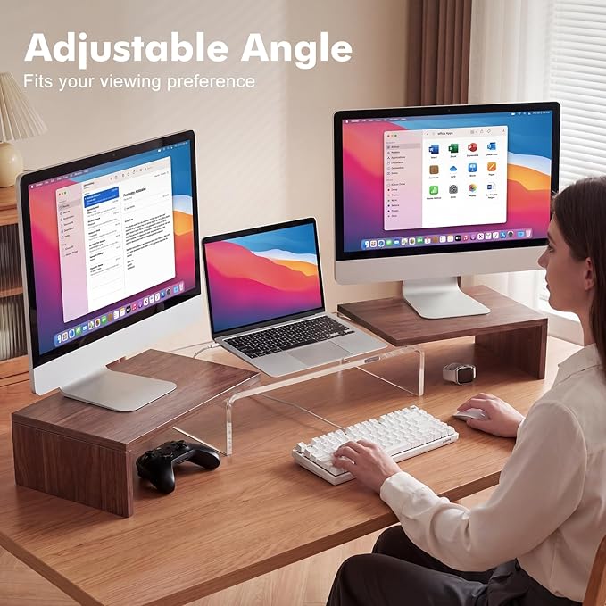 Dual Monitor Riser, Acrylic Monitor Riser with Keyboard Storage, Adjustable Angle & Length Computer Monitor Stand, Wide Desk Shelf for Top of Desk for Home Office_Walnut Look