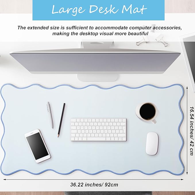 Hahafelt Scalloped Desk Mat Large Desk Pad Cute Coquette Table Mat Aesthetic Preppy Table Make up Pad Nonslip 2026 Graduation Gift with Stitching Waterproof Gaming(Blue,36 x 17 Inches)