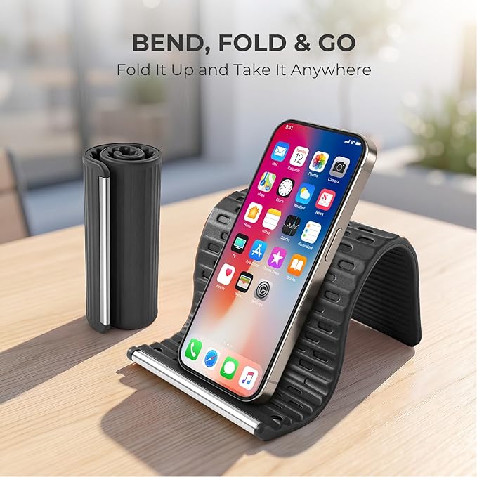 SEANCHEER 2026 Portable Foldable Phone Stand,Flexible Silicone Aluminum Phone Holder, Hands Free Adjustable,Anti-Slip&Scratch Cellphone Desk Travel Stands for iPhone,Tablet,Laptop