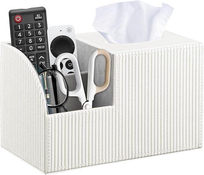 Square Tissue Box Cover with Storage, PU Leather Cube Tissue Box Holder, Remote Control Nightstand Organizer, Modern Desk Caddy for End Table, Bathroom, Bedroom, Home, Office Decor