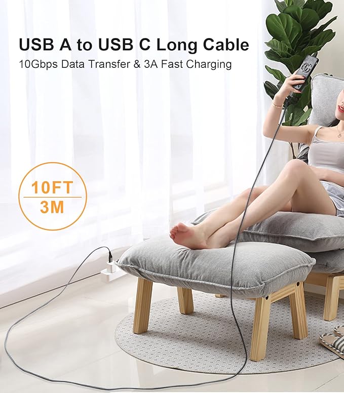 USB A to USB C Cable 3.3FT+10FT, 3.1/3.2 Gen 2 Data Transfer and 60W 3A Fast Charging Cable for Car Charger Android Auto Samsung Galaxy S23 S22 S21 S20 S10 Ultra and Other Type C Devices
