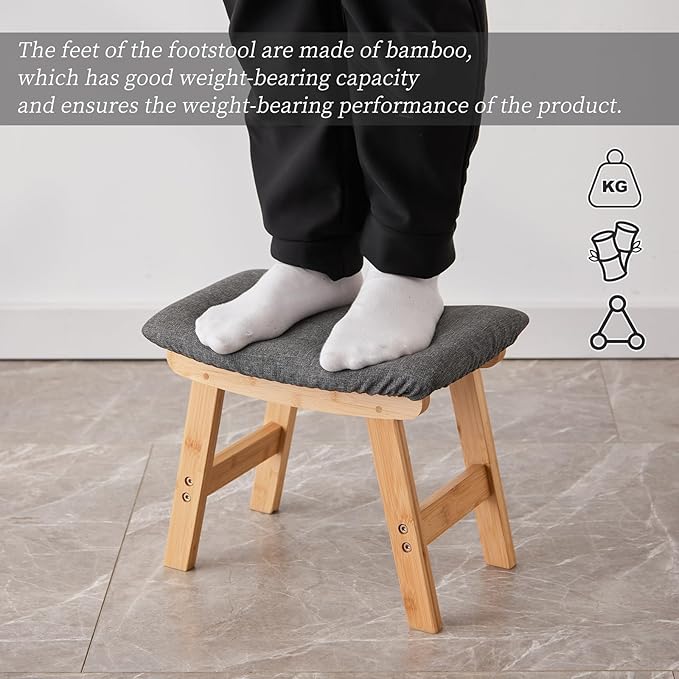 Kitsanery Foot Stool,Ottoman,Bamboo Small Sofa Foot Rest Under Desk,Extra Seating for Living Room, Bedroom and Kitchen (Natural Stool Legs - Gray Surface)