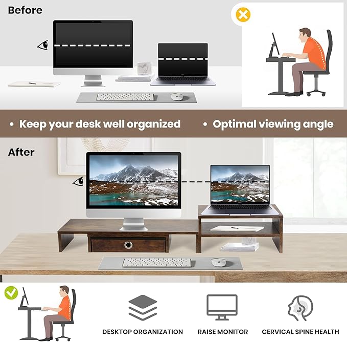 Monitor Riser for 3 Monitors, Dual Monitor Stand for Desk, Triple Monitor Stand with Drawer, Dual Monitor Stand with Storage, Extra Long Triple Monitor Riser up to 52", Angle Adjustable, Rustic Brown