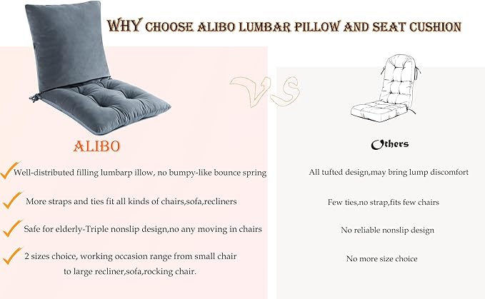 ALIBO Extra Large Recliner Low Back Lumbar Support Pillow and Tufted Seat Cushion Set with Adjustable Straps,Wood Rocking Chair/Egg Chair Swing Nonslip Highback Backrest with Ties