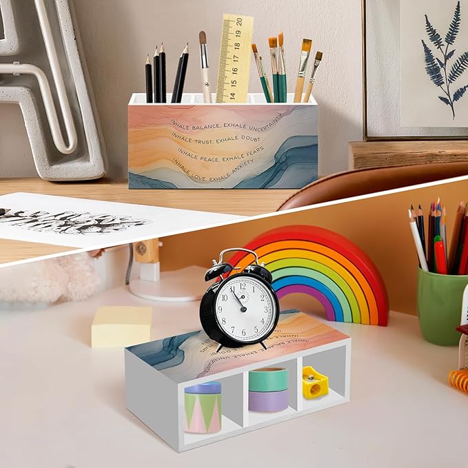 Inhale Exhale Mental Health Pen Pencil Holder for Desk, Watercolor Abstract Office Desk Accessories, Calming Breathe Pen Holders Organizer for Therapy Counselling Room, Therapy Office Decor