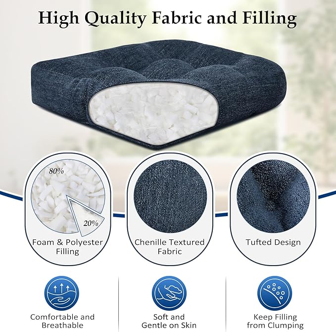 downluxe Chair Cushions for Dining Chairs 4 Pack, Tufted Indoor Chair Pads with Non-Slip Bottom, U-Shaped Kitchen Chair Cushions, 17"x17"x4", Navy