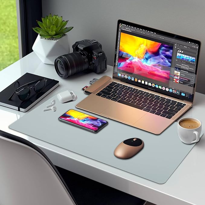 Desk Pad - Large Office Desk Protector, 27.5" x 13.7", Laptop Mat, Leather, Gray Blue