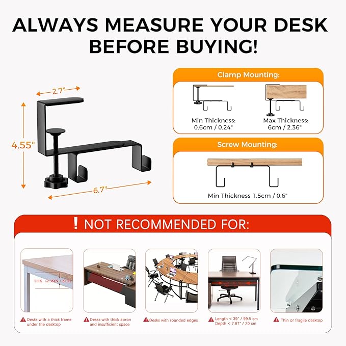 No-Drill Under Desk Cable Management Tray,Upgraded Wider(39"L x 5.9"W) & Double Layer Thickened Standing Desk Cable Organizer,2 Mounting Options-Clamp Or Screw Cord Holder for Home,Office