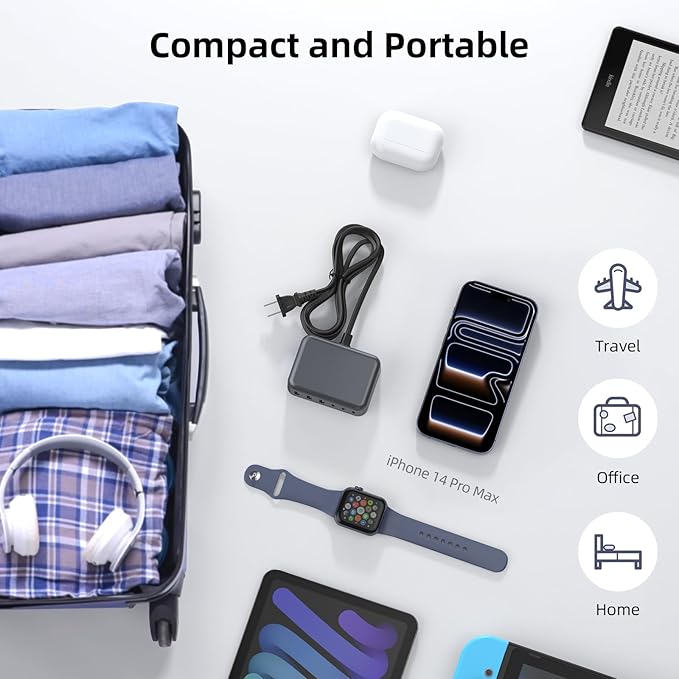 6 in 1 USB Charger, Charging Station for Multiple Devices, 100W Fast Charging Blocks with Type C Ports, USB Charging Hub Organizer Multiport Power Strip for iPhone, Ipad, Kindle, Travel Accessories