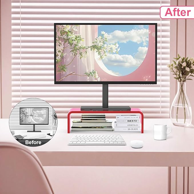 Acrylic Monitor Stand Riser 15-inch Acrylic Laptop Stand for Desk Clear Computer Monitor Stand for Desk Office Organizer for Office Home Bright Pink