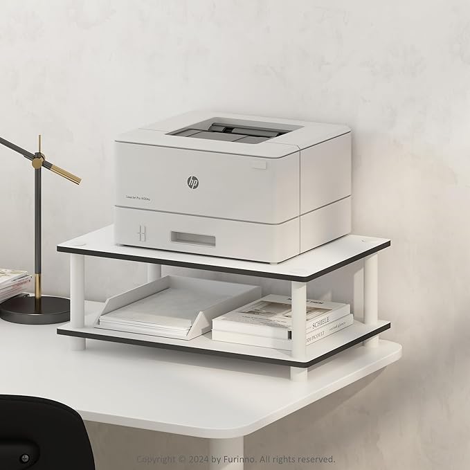 Furinno JUST Printer Stand with Storage, 2-Tier Under Desk Printer Stand, Printer Table, Toolless Assembly, for CPU, Office Supplies, Home Office, White