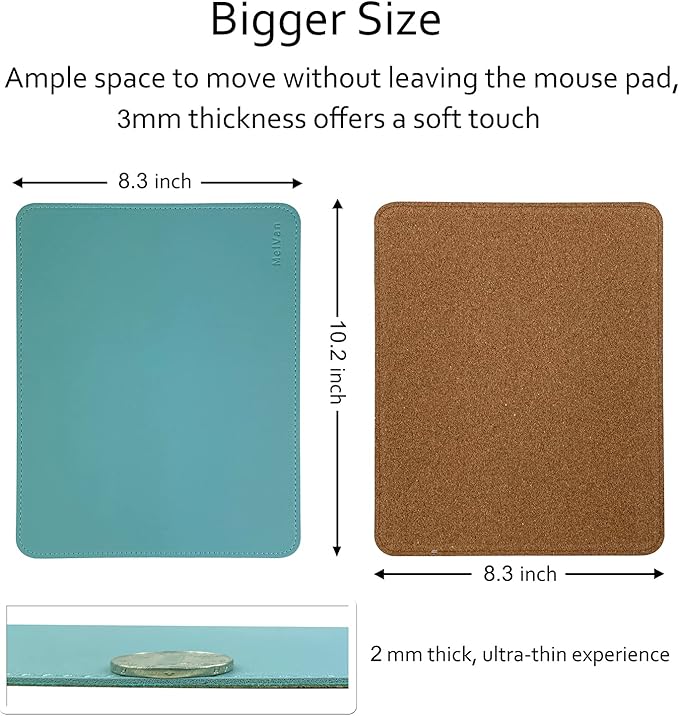 MelVan PU Leather Mouse Pad with Stitched Edge, Wood Mousepad, Waterproof Gaming Mouse Pad Mat for Computers, Laptop, Office & Home, 10.2" x 8.3", 1 Pack (Azury)