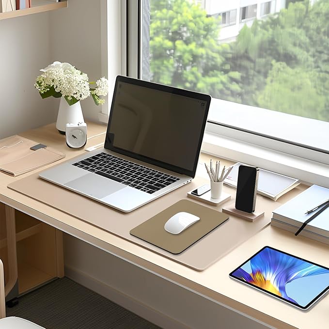 Leather Mouse Pad, Office Mouse Mat Non-Slip Rubber Base Stitched Edge Washable Waterproof Rectangular Mousepad for Office Gaming PC Laptop, 9.8" x 7.9", Apricot