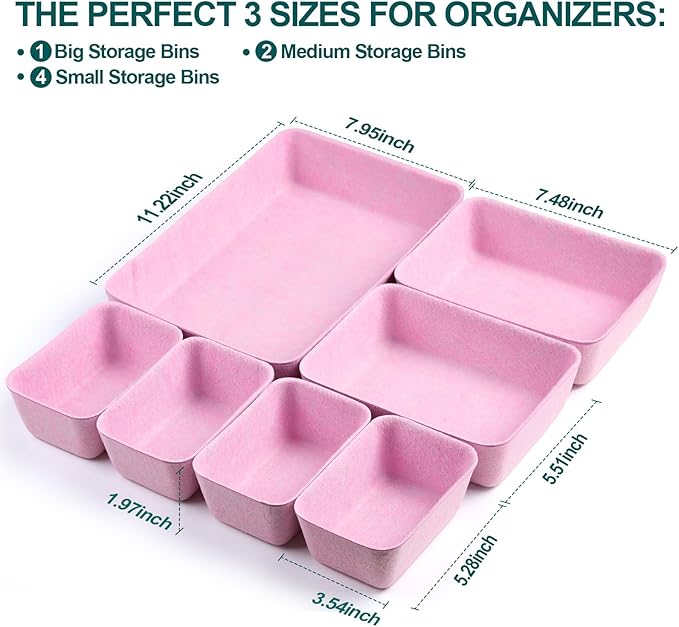 Desk Drawer Organizer,7 Pack Felt Drawer Organizer Shallow Drawer Organizers Felt Storage Bins,Desk organizer trays (Pink)