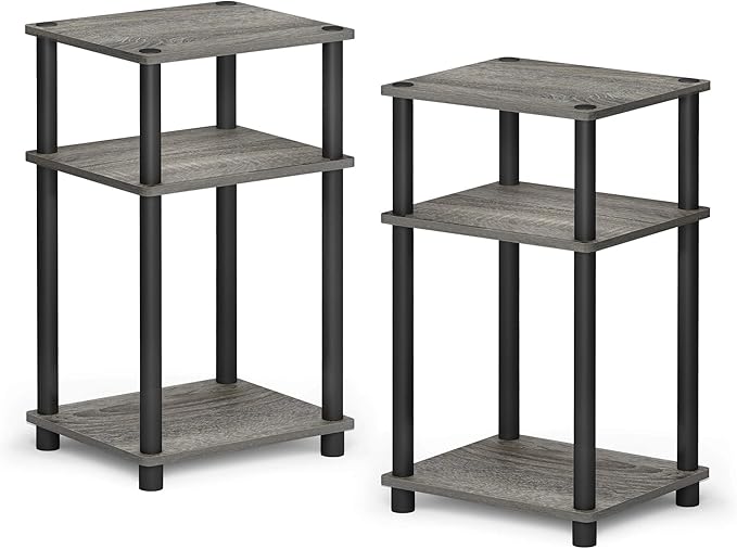 Furinno JUST Side Table Set of 2, 3-Tier Modern End Tables, Open Shelves Night Stand, Nightstand Set, Toolless Assembly, for Living Room, Bedroom, French Oak
