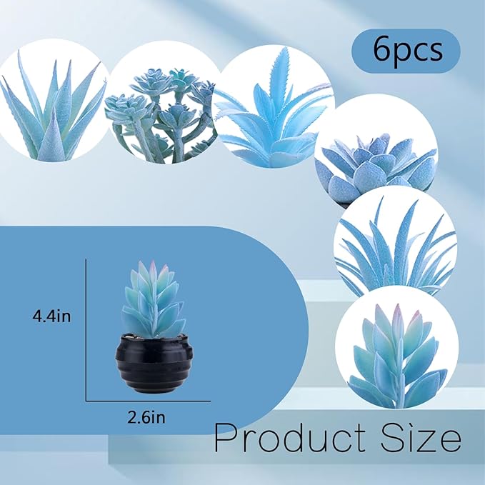 GREENTIME 6 Pcs Blue Mini Artificial Succulents in Plastic Pots Small Fake Plant Succulent Plant Graduation & Father Party Decorations Classmate Gift Faux Indoor Decor Bedroom Desk Bathroom Office