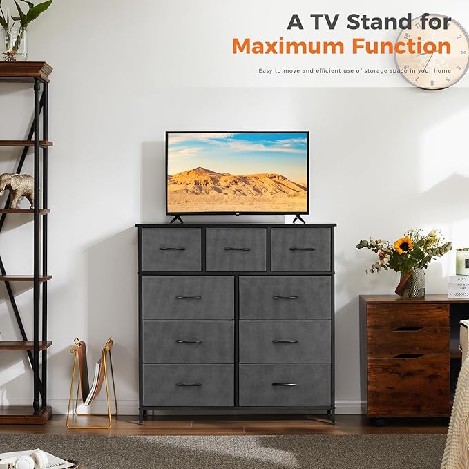 Sweetcrispy 9 Drawer Fabric Dresser Tall Chest Storage Organizer Tower with Cabinet Metal Frame and Wood Top Lightweight Closet Furniture for Bedroom,Charcoal Grey