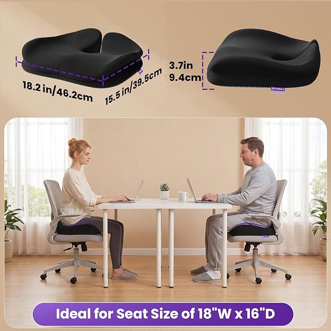 ZZ-WELL Seat Cushions for Office Chairs, Car Seat - Patented Coccyx Cushion for Tailbone Pain - Memory Foam Butt Cushion for Pressure Relief - Carry Handle & Non Slip Bottom (Black)