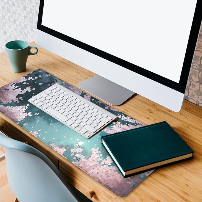 Cherry Blossom Gaming Mouse Pad Dream Sky Petals Large Gaming Mouse Mat with Stitched Edges,Non-Slip Waterproof Rubber Base Mous Mat Office Computer Keyboard Laptop 31.5"x11.8"