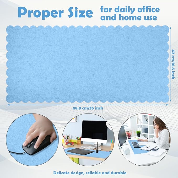 Copkim 35 x 16.5 Inch Felt Desk Mat with Scalloped Edges, Large Felt Mouse Pad Non Slip Scalloped Computer Laptop Desktop Pad for Keyboard and Mouse Home Office(Blue)