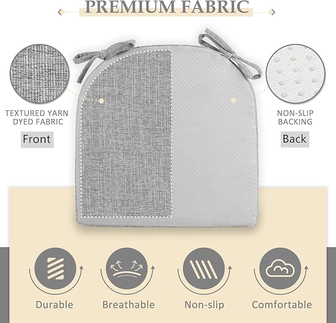 Wellsin Chair Cushions for Dining Chairs 6 Pack - Kitchen Chair Cushions with Ties and Non-Slip Backing - Dining Chair Pads 16"X16"X2", Light Gray