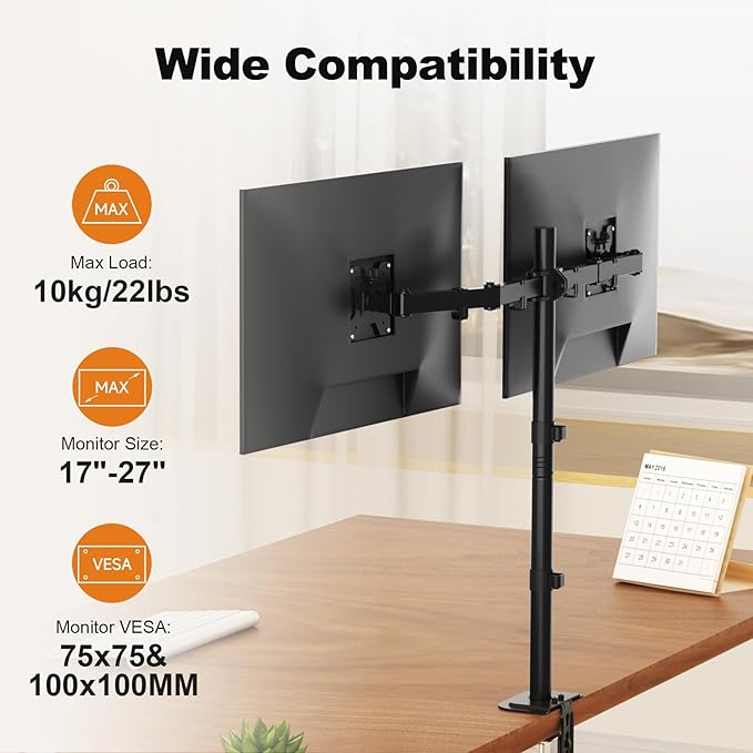 Suptek Dual Monitor Desk Mount, Adjustable Dual Monitor Arm for 2 Computer Screens up to 27 inch, Extra Tall 31.5" Pole Dual Monitor Stand for Desk, Holds up to 22 lbs(MD6842)