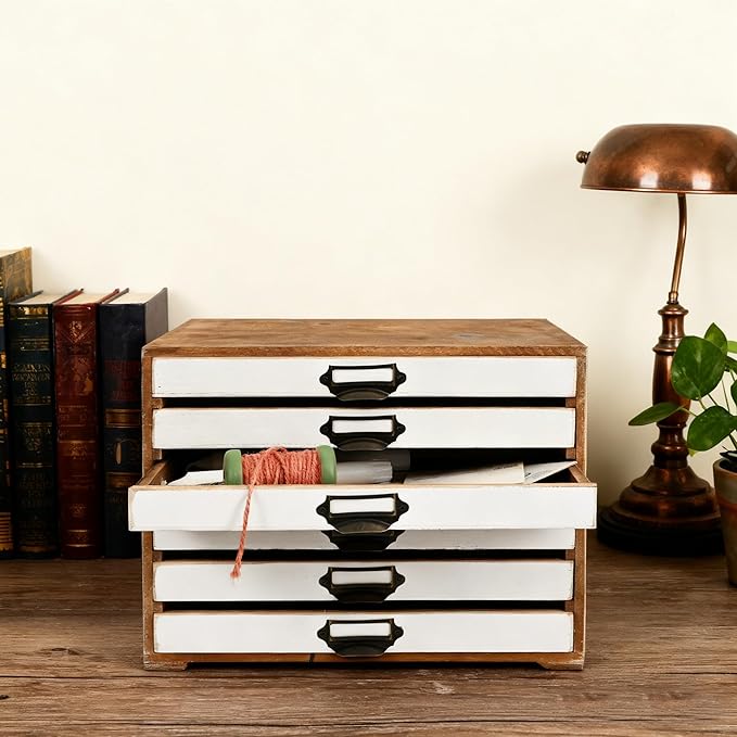 Vintage 6-Drawer Wooden Desktop Organizer Cabinet, Rustic Distressed Wood Card Catalog Cabinet, Antique Storage Box for Jewelry Cosmetics Craft Paper Home Office Decor (White)