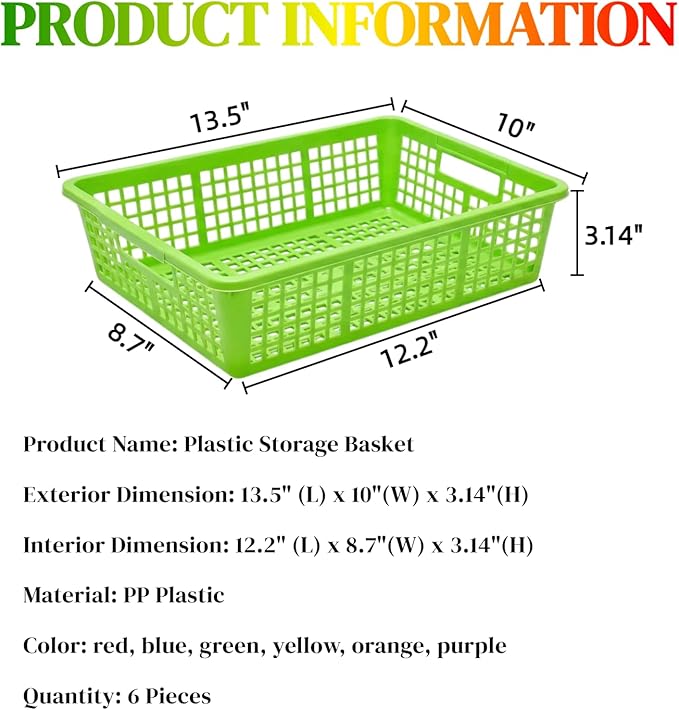 6 Pack Plastic Turn in Paper Trays for Classroom, Colorful Storage Bin Basket Organizers for School Supplies, Classroom Organization and Storage Tray Holds 4A Paper