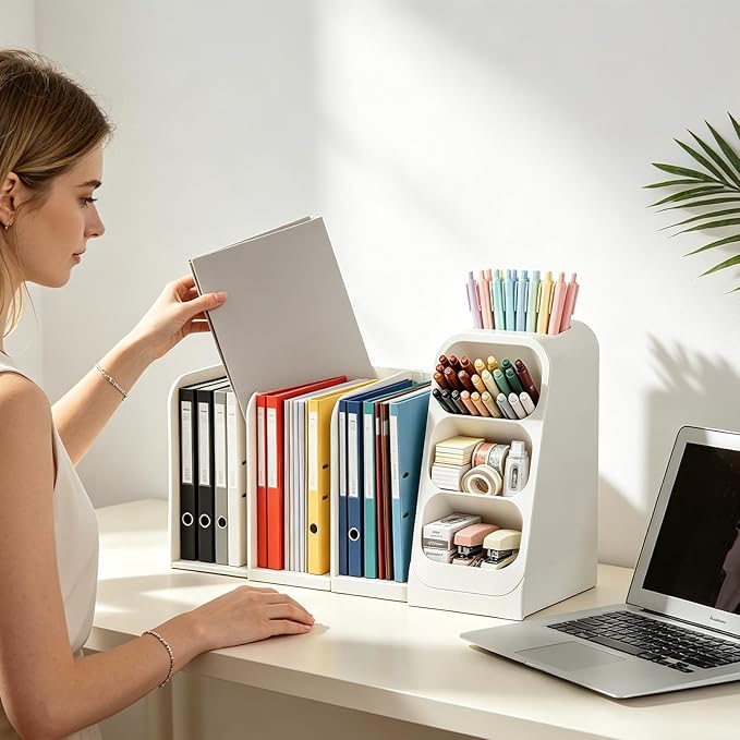 Multifunctional & Retractable Office Desk Organizer and Bookshelf, Small Space Desk Organizer with Magazine File Holder and Pen Holder,Desk Accessories & Workspace Organizers Office Supplies