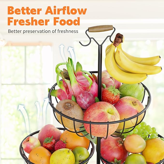 PouHenier.jh 4 Tier Fruit Bowl Basket with Banana Hangers, Kitchen Counter Metal Round Produce Holder, Stable Vegetable Countertop Stand Organizer, Corner Multi Tiered Storage Rack, Sturdy Base, Black