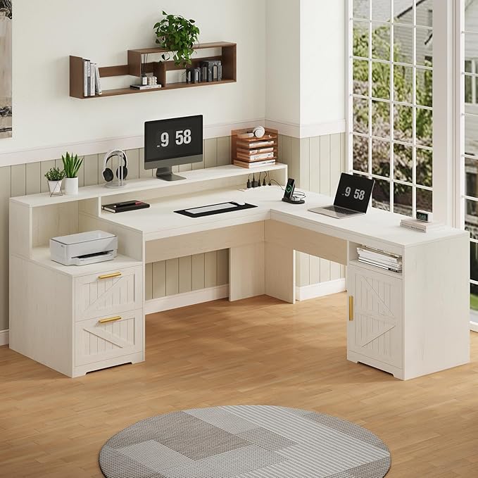 YOMILUVE 63" Farmhouse L Shaped Executive Desk with Drawers & Storage Shelf, Corner Computer Desk with Power Outlets, L Shaped Office Desk with Monitor Stand, Printer Shelf, White