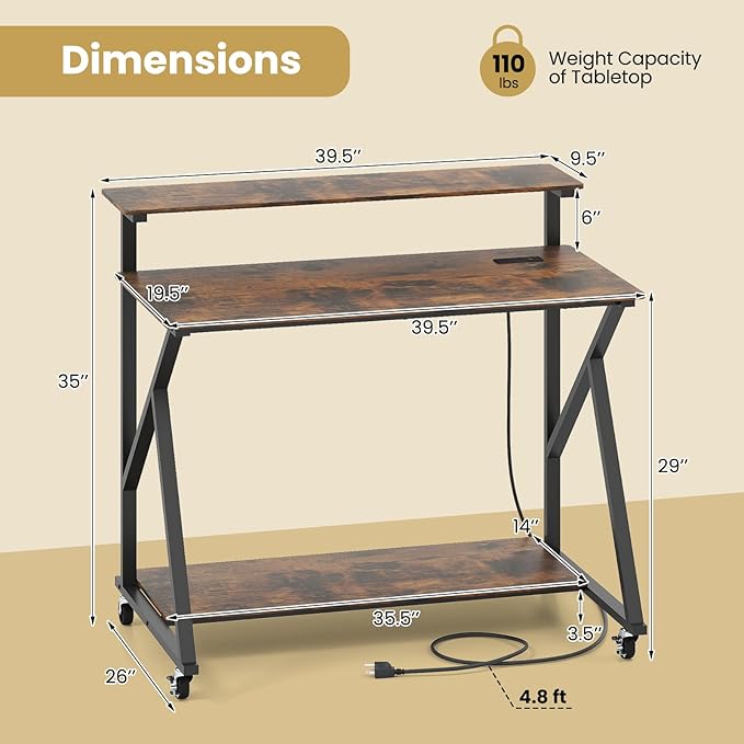 Tangkula 39.5" Mobile Computer Desk with Power Outlets, Rolling Laptop Workstation with Monitor Stand & Storage Shelf, Gaming Writing Desk with Lockable Wheels for Home Office Bedroom (Rustic Brown)