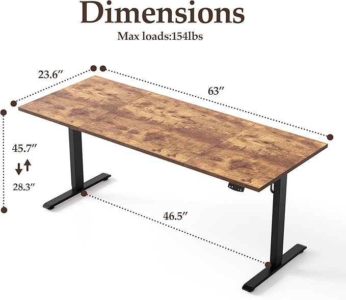 Klicelor 63 Inch Large Electric Standing Desk, Height Adjustable Office Desk, Sit Stand Up Computer Gaming Desk with Memory Preset, Three-Piece Desktop, Rustic Brown