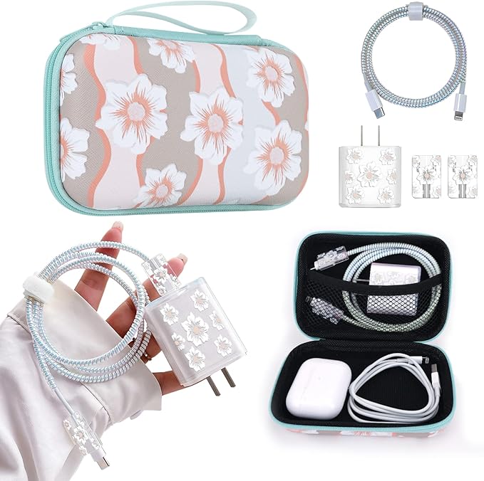 Cute Floral Phone Charger Storage Case Cover Set White Camellia Flowers Design Travel Carrying Bag with Cable Protector Cord Organizer, Lightning Cable Chomper,Charger Saver Compatible for iPhone