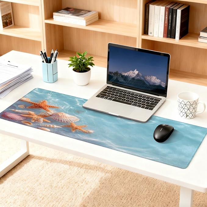 Starfish Beach Ocean Large Mouse Pad Non-Slip Rubber Long Gaming Desk Mat Big Computer Keyboard Mousepad Waterproof Protector Wristing Pad for Gaming Office Home Decorative 31.5 X 11.8 Inch