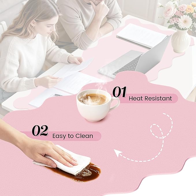 Scalloped Pink Desk Mat, 23.6" x 11.8" Waterproof Large Desk Mat, Non-Slip Computer Mouse Pad and Keyboard Mat, Pink Cute Desk Mat for Office, Work, Home, or Vanity