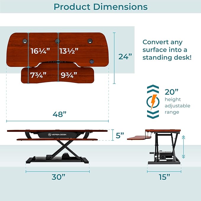 VERSADESK PowerPro 48 Inch Electric Standing Desk Converter – Push-Button Height Adjustable Sit to Stand Desk Riser for Multiple Monitors – Motorized Desktop Workstation with Wide Keyboard Tray,