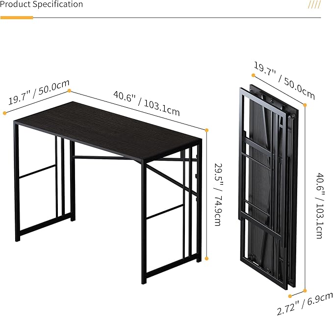 Lutown-Teen Folding Desk 40 inch Writing Gaming Computer Camping Desk, No Assembly Required Home Office Table, Black