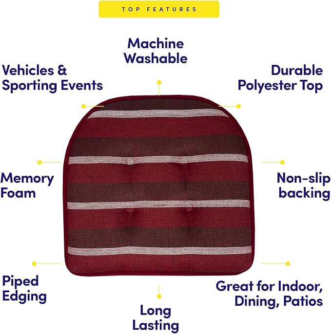 Sweet Home Collection Chair Cushion Memory Foam Pads Tufted Slip Non Skid Rubber Back U-Shaped 17" x 16" Seat Cover, 12 Count (Pack of 1), Bradford Burgundy